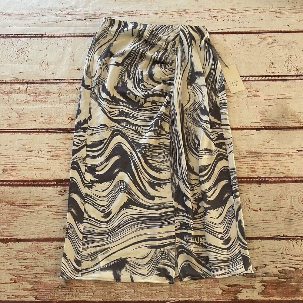 A New Day Slip Skirt Womens XS White Blue Marble Ruched Side Midi Pull On NWOT